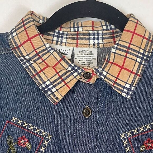Vintage Embroidered Shirt Denim Blue Plaid Collar Button Front Long Sleeve XL - Picture 1 of 16